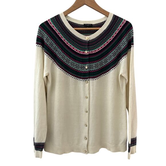 Talbots Cashmere Blend Fair Isle Trim Button Front Cardigan Size Large Petite - Picture 3 of 10
